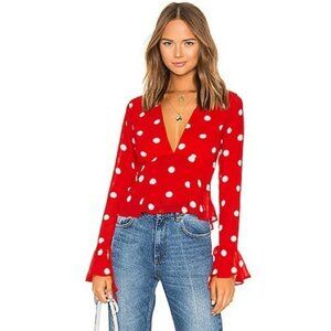 LPA Red & White Polka Dot Flare Long Sleeve V-neck Blouse Top Size Small S